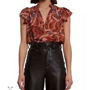 A.L.C. Hayley Printed Top size 2 silk Floral Ruffle Sleeve red pink smocked